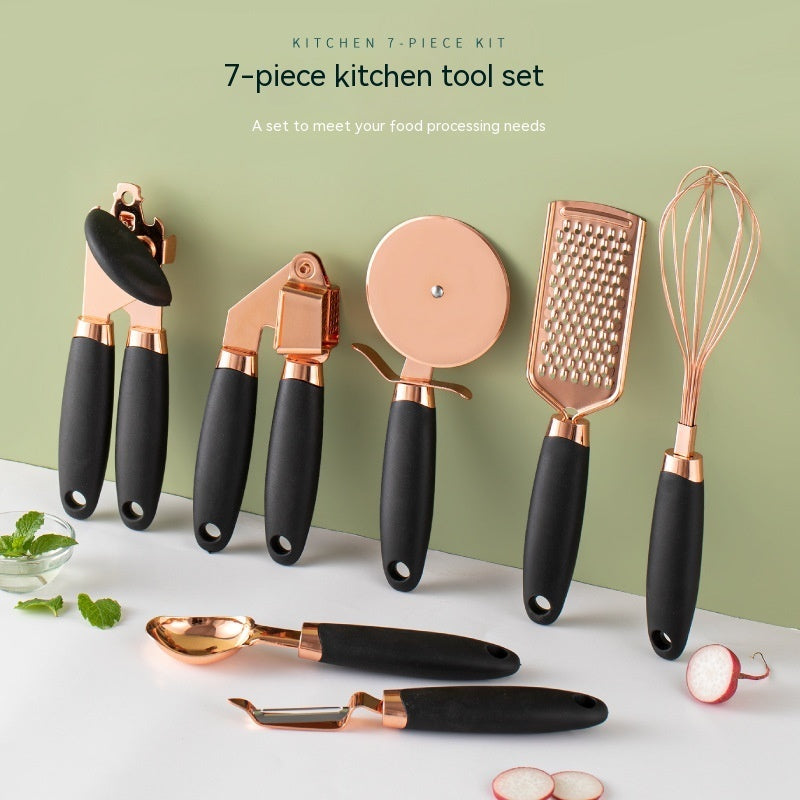 7PCS Rose Gold Stainless Steel Kitchen Utensil Set – Cooking Tools with Peeler, Whisk, Tongs & Rack – Elegant Kitchen Gadget Set | cookli