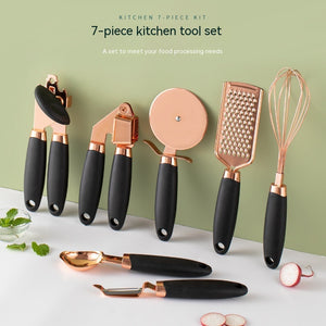 7PCS Rose Gold Stainless Steel Kitchen Utensil Set – Cooking Tools with Peeler, Whisk, Tongs & Rack – Elegant Kitchen Gadget Set | cookli