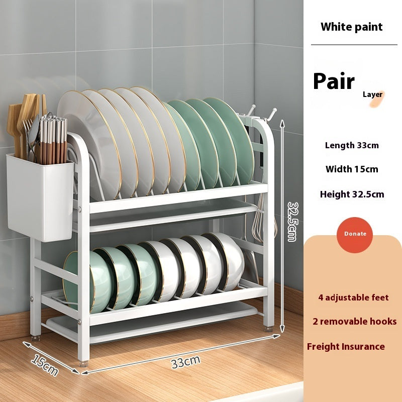 Double-Layer Kitchen Storage Rack – Carbon Steel Dish Drainer with Hooks & Utensil Holder | Cookli UK