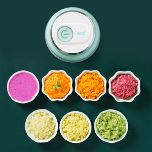 Colorful food samples in small bowls with a kitchen appliance on a dark green background.Portable USB Mini Garlic Chopper with Stainless Steel Blades


