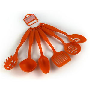 Set of orange kitchen utensils with a tag on a white background