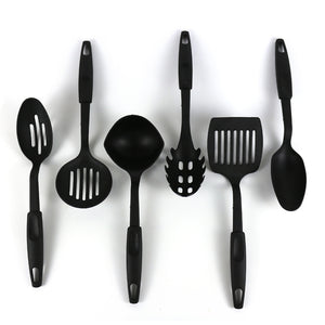 Set of black kitchen utensils on a white background