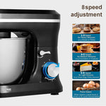 Black stand mixer with speed adjustment dial on a white background