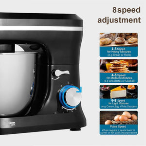 Black stand mixer with speed adjustment dial on a white background