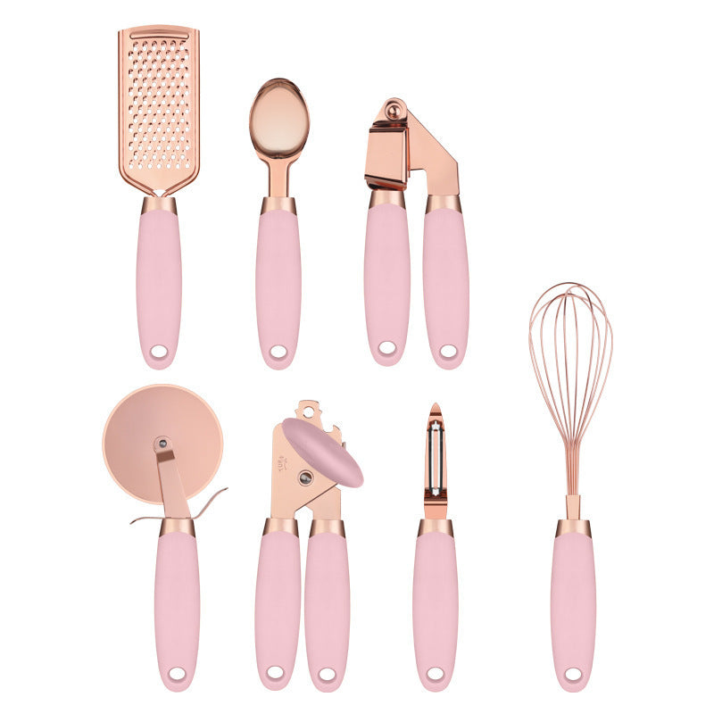 7PCS Rose Gold Stainless Steel Kitchen Utensil Set – Cooking Tools with Peeler, Whisk, Tongs & Rack – Elegant Kitchen Gadget Set | cookli