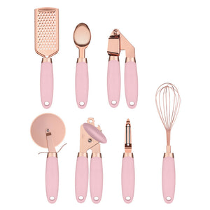 7PCS Rose Gold Stainless Steel Kitchen Utensil Set – Cooking Tools with Peeler, Whisk, Tongs & Rack – Elegant Kitchen Gadget Set | cookli