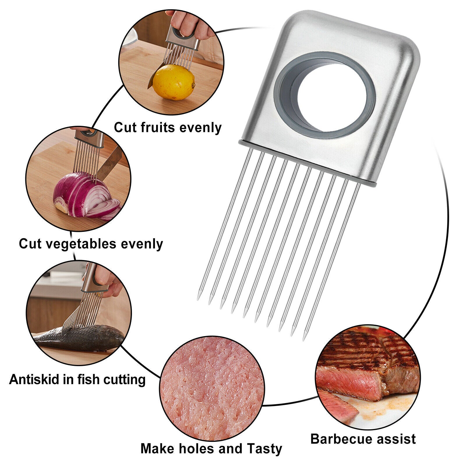 Metallic kitchen tool with various uses on a white background