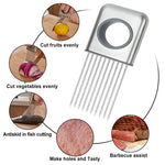 Metallic kitchen tool with various uses on a white background