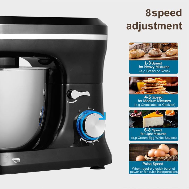 Black stand mixer with speed adjustment dial on a white background