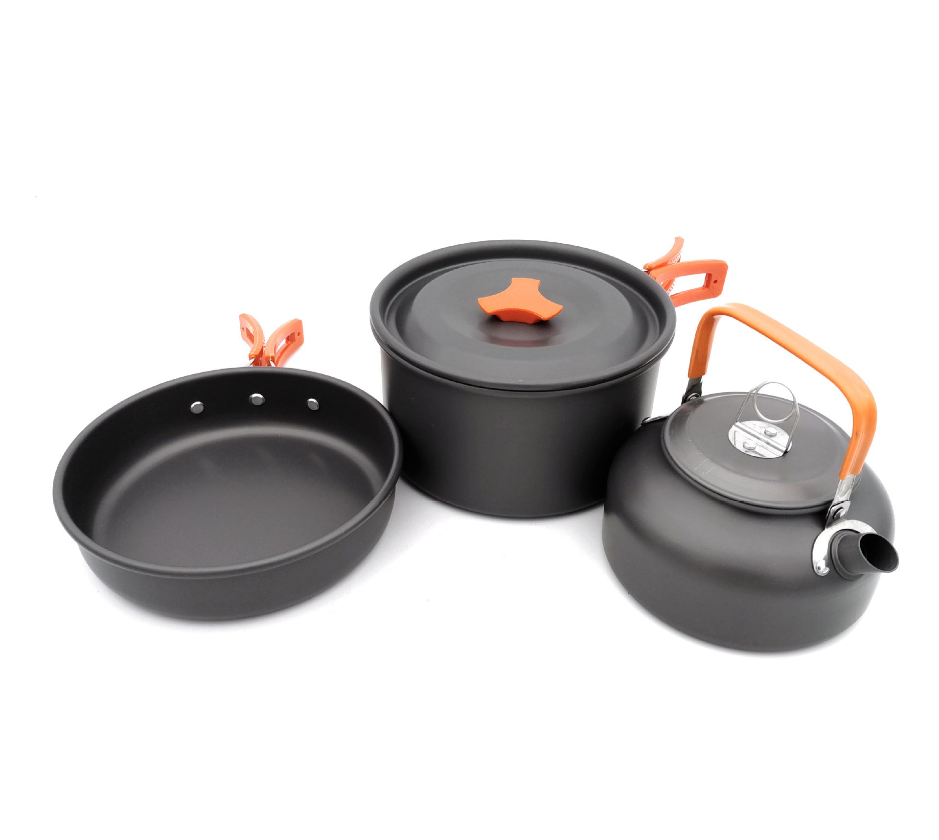 Set of black camping cookware with orange handles on a white background