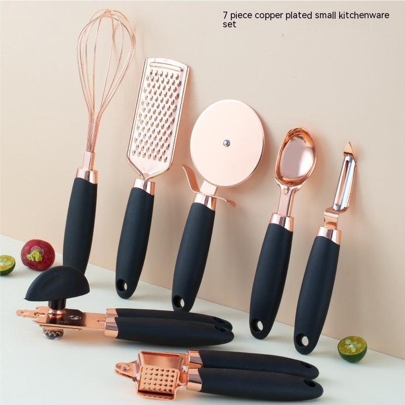7PCS Rose Gold Stainless Steel Kitchen Utensil Set – Cooking Tools with Peeler, Whisk, Tongs & Rack – Elegant Kitchen Gadget Set | cookli