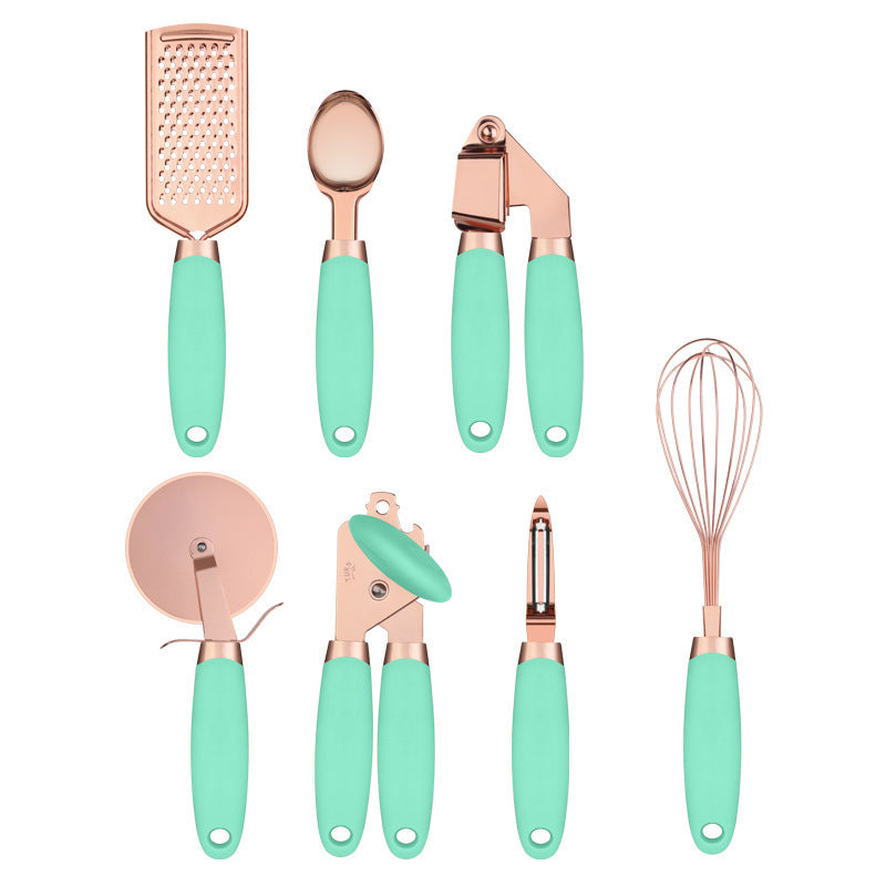7PCS Rose Gold Stainless Steel Kitchen Utensil Set – Cooking Tools with Peeler, Whisk, Tongs & Rack – Elegant Kitchen Gadget Set | cookli