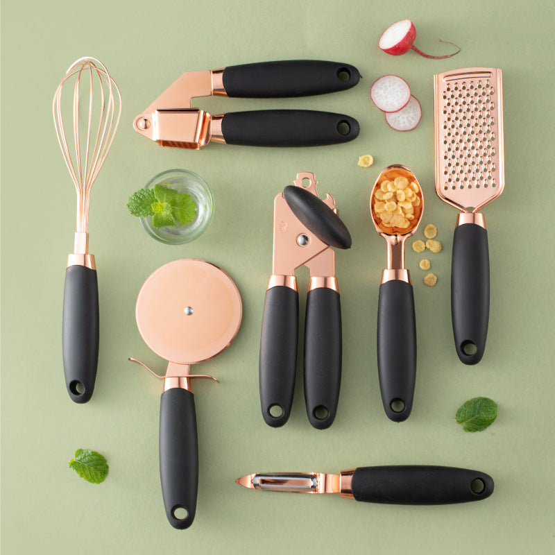 7PCS Rose Gold Stainless Steel Kitchen Utensil Set – Cooking Tools with Peeler, Whisk, Tongs & Rack – Elegant Kitchen Gadget Set | cookli