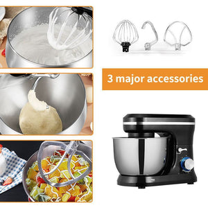 Black stand mixer with three major accessories used for different tasks.