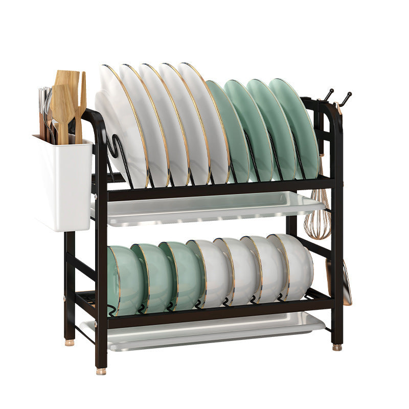 Double-Layer Kitchen Storage Rack – Carbon Steel Dish Drainer with Hooks & Utensil Holder | Cookli UK