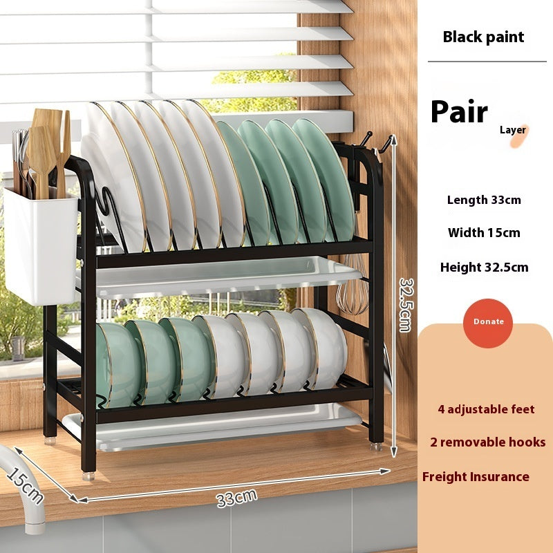Double-Layer Kitchen Storage Rack – Carbon Steel Dish Drainer with Hooks & Utensil Holder | Cookli UK