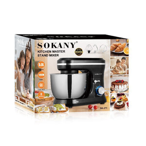 Sokany Kitchen Master Stand Mixer packaging with images of a family and baked goods on a white background