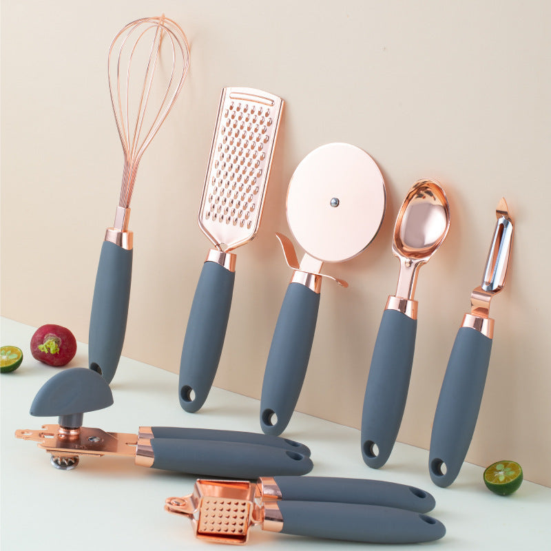 7PCS Rose Gold Stainless Steel Kitchen Utensil Set – Cooking Tools with Peeler, Whisk, Tongs & Rack – Elegant Kitchen Gadget Set | cookli