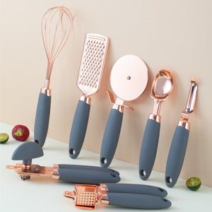 7PCS Rose Gold Stainless Steel Kitchen Utensil Set – Cooking Tools with Peeler, Whisk, Tongs & Rack – Elegant Kitchen Gadget Set | cookli