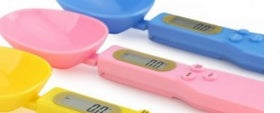 Colorful digital kitchen scales on a white background