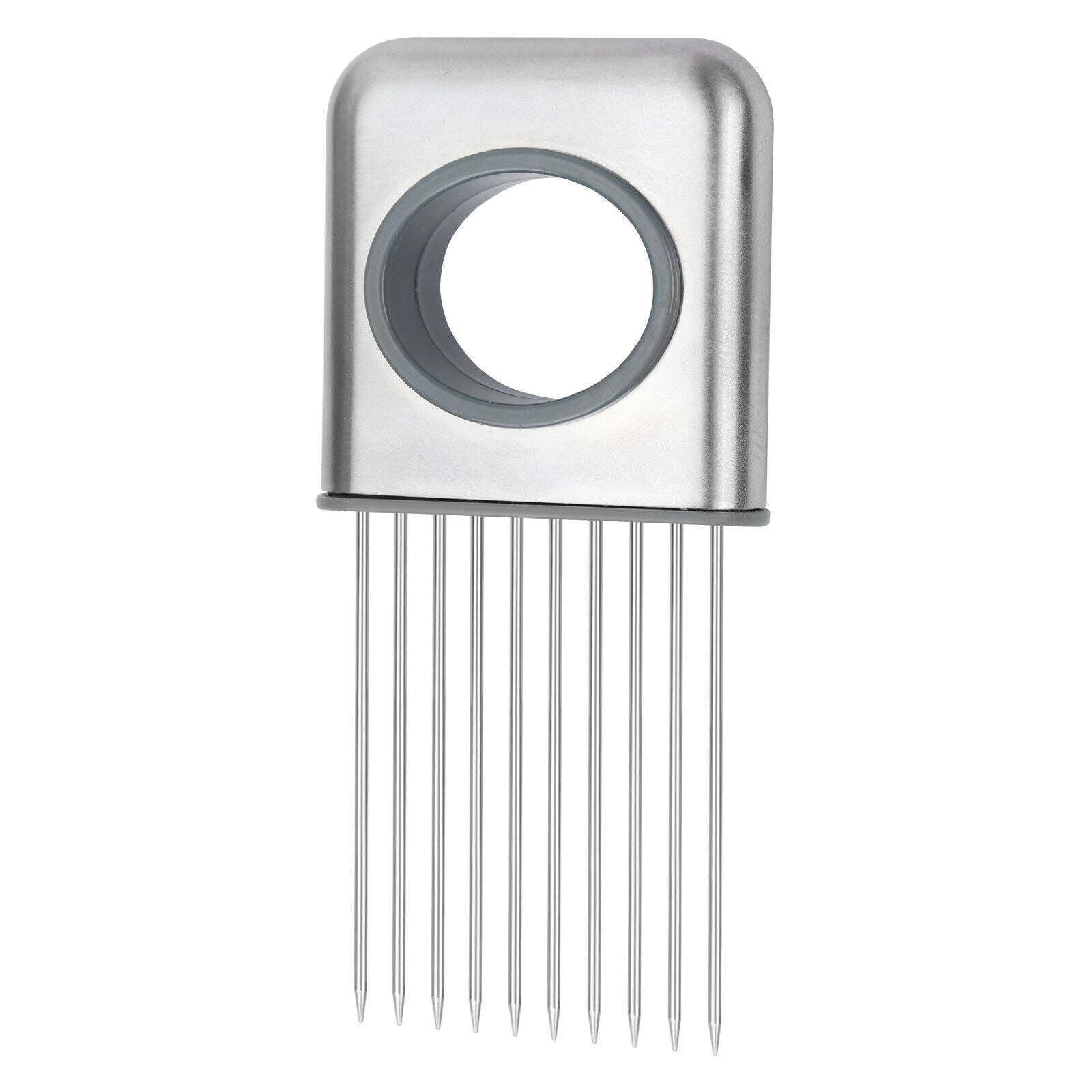 Metallic comb with a circular design on a white background,Dishwasher Safe Onion Holder with Sharp Prongs