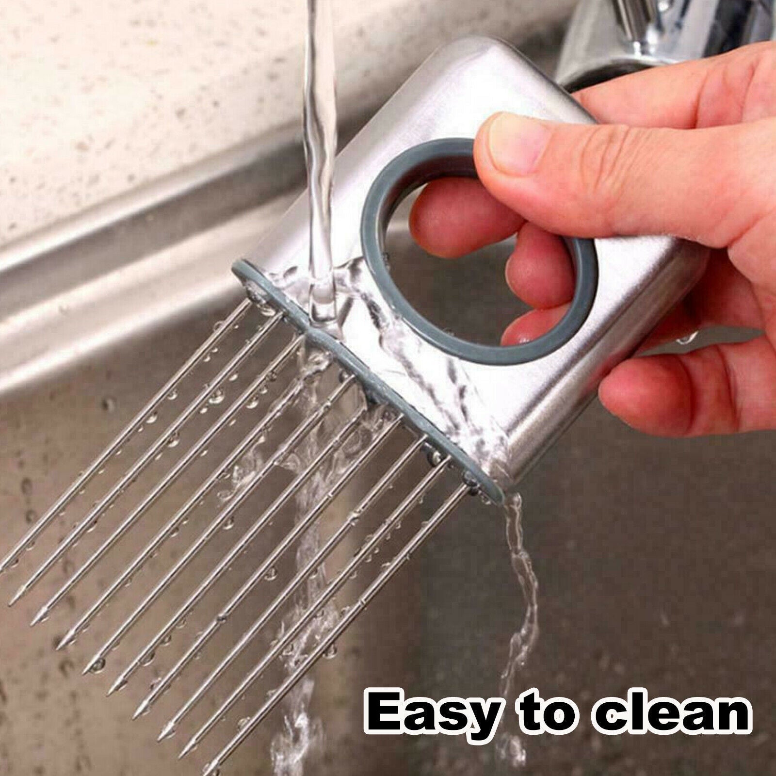 Hand holding a metallic kitchen tool with water flowing over it, labeled 'Easy to clean'.