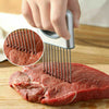 Hand using a meat tenderizer on a piece of meat with a close-up inset showing the texture.
