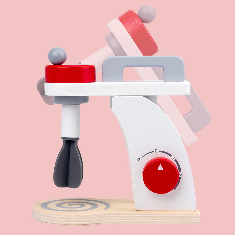“Pretend Play Kitchen Toys for Toddlers – Mixer, Coffee & Bread Machine”Toy kitchen appliance with red and gray components on a pink background
