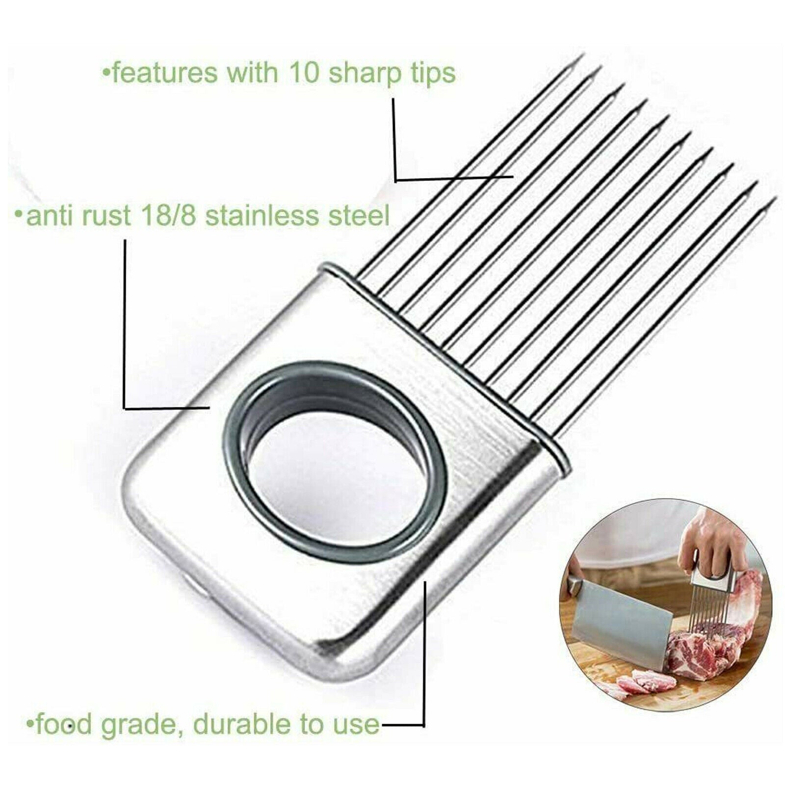 Metal meat tenderizer with text highlighting features on a white background