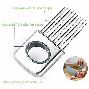 Metal meat tenderizer with text highlighting features on a white background