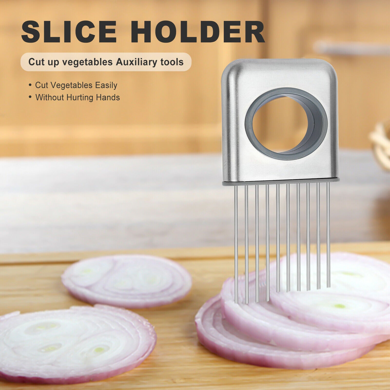 Slice holder cutting onions on a wooden board with a blurred background.Safe Vegetable Cutting Tool – Cookli UK