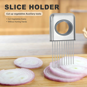Slice holder cutting onions on a wooden board with a blurred background.Safe Vegetable Cutting Tool – Cookli UK