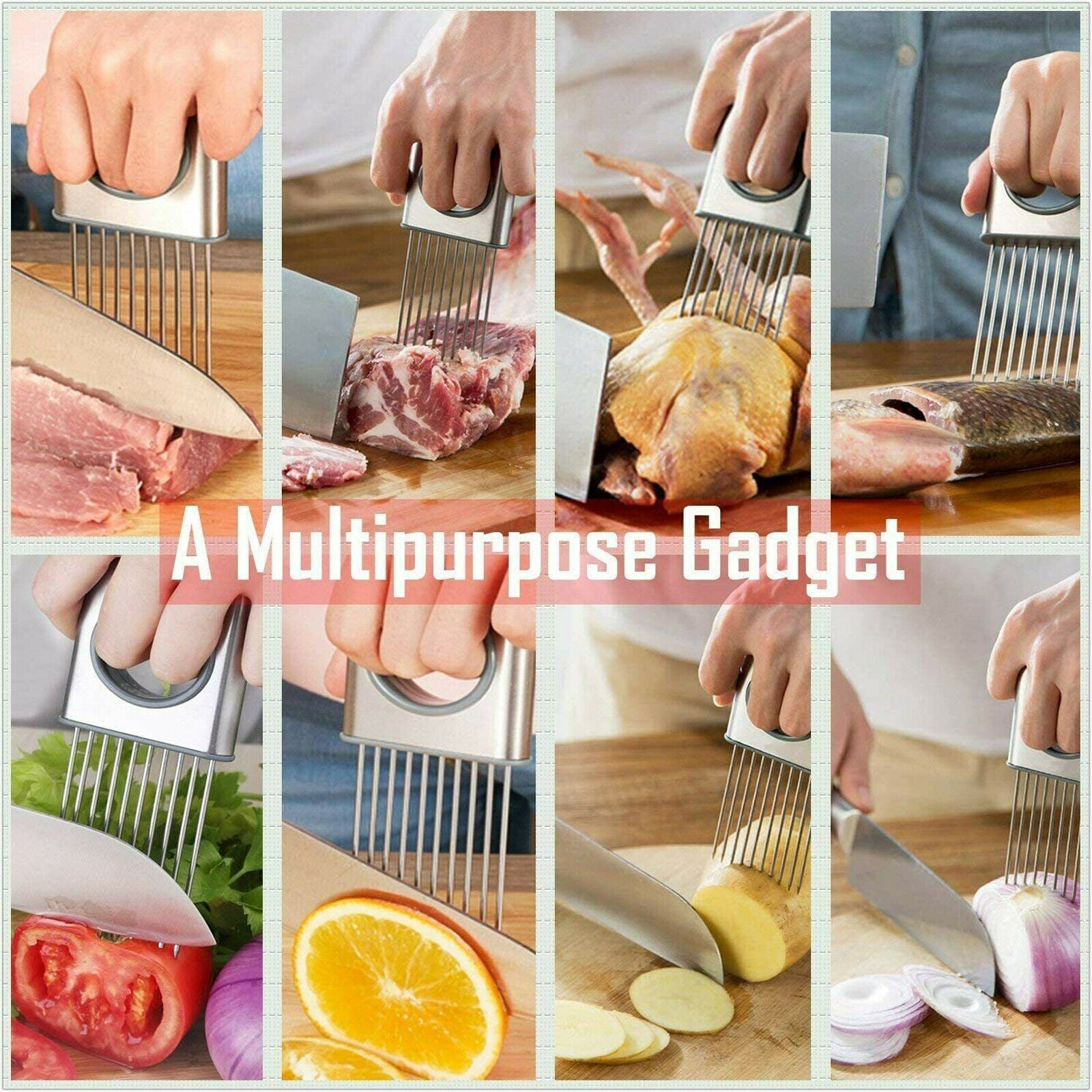 Collage of a multipurpose gadget being used for various tasks on a wooden surface.