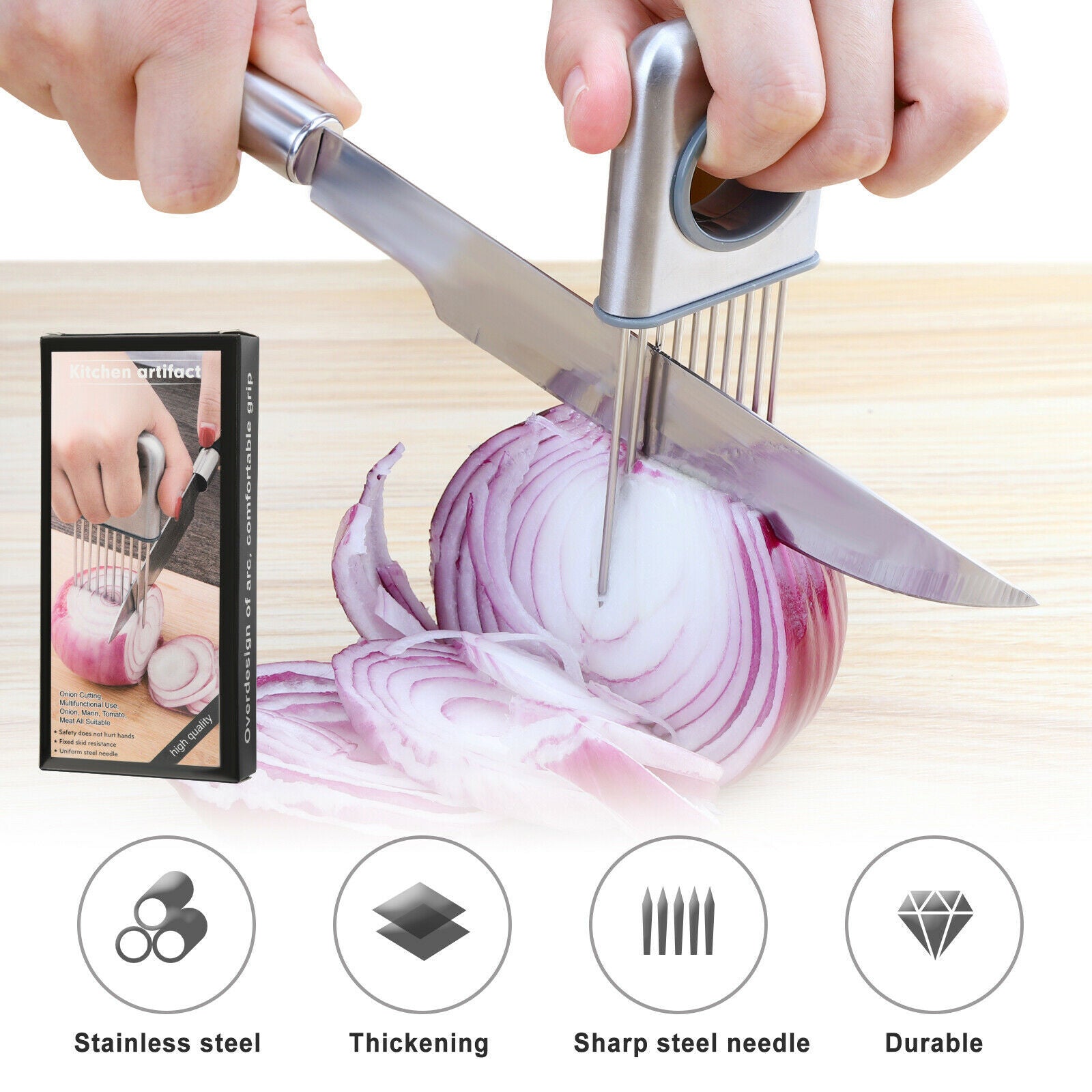 Knife being used to slice an onion on a wooden cutting board with product packaging and features displayed.