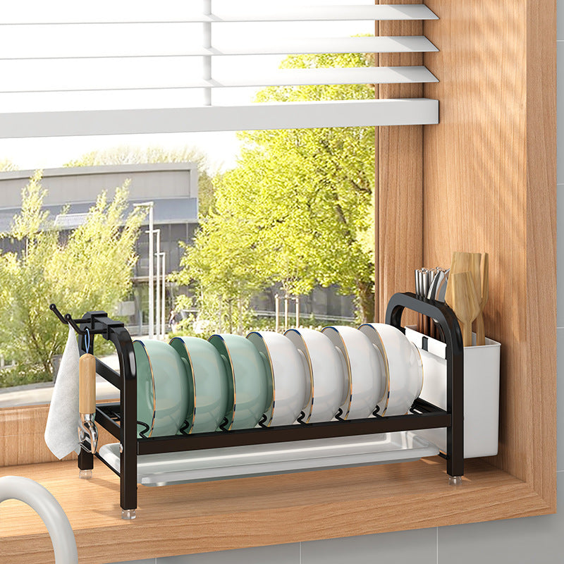 Double-Layer Kitchen Storage Rack – Carbon Steel Dish Drainer with Hooks & Utensil Holder | Cookli UK