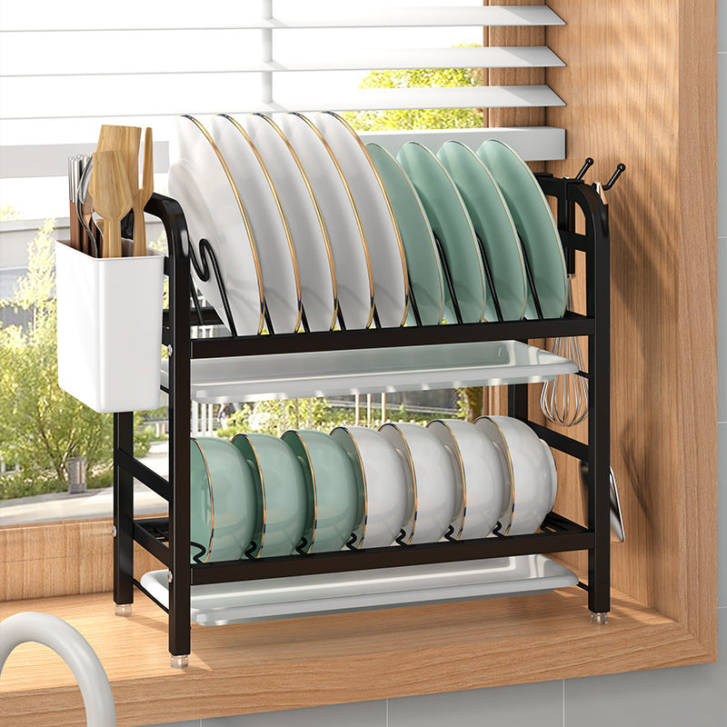 Double-Layer Kitchen Storage Rack – Carbon Steel Dish Drainer with Hooks & Utensil Holder | Cookli UK