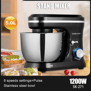 Stand mixer with stainless steel bowl on a kitchen counter, featuring SOKANY branding.