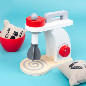 Wooden toy scale with red and gray accents on a blue background