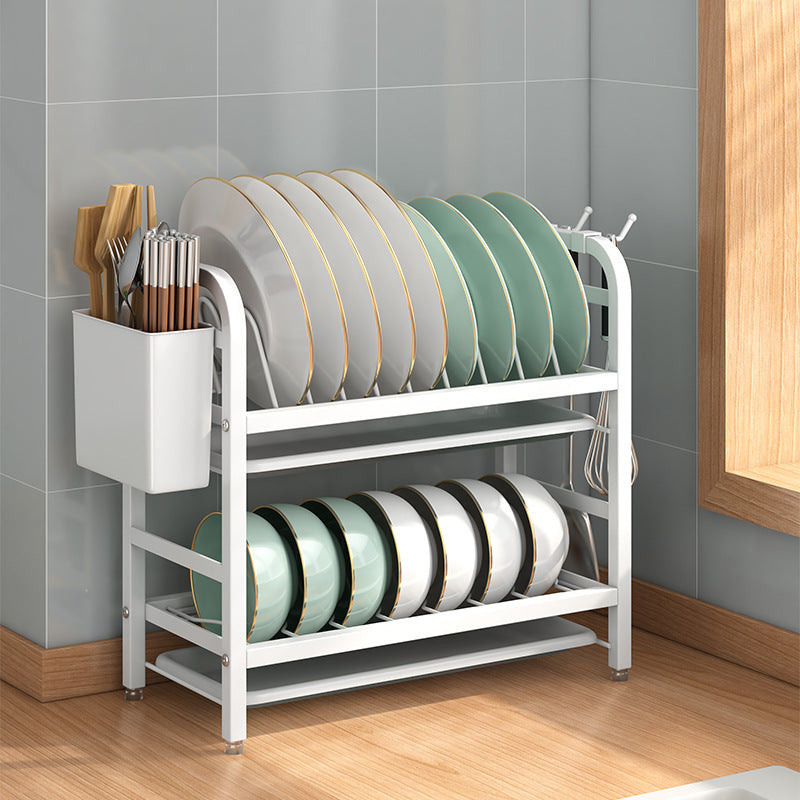 Double-Layer Kitchen Storage Rack – Carbon Steel Dish Drainer with Hooks & Utensil Holder | Cookli UK