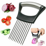 Vegetable chopper with a hand holding it, surrounded by vegetables on a white background