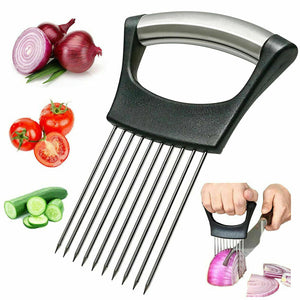 Vegetable chopper with a hand holding it, surrounded by vegetables on a white background