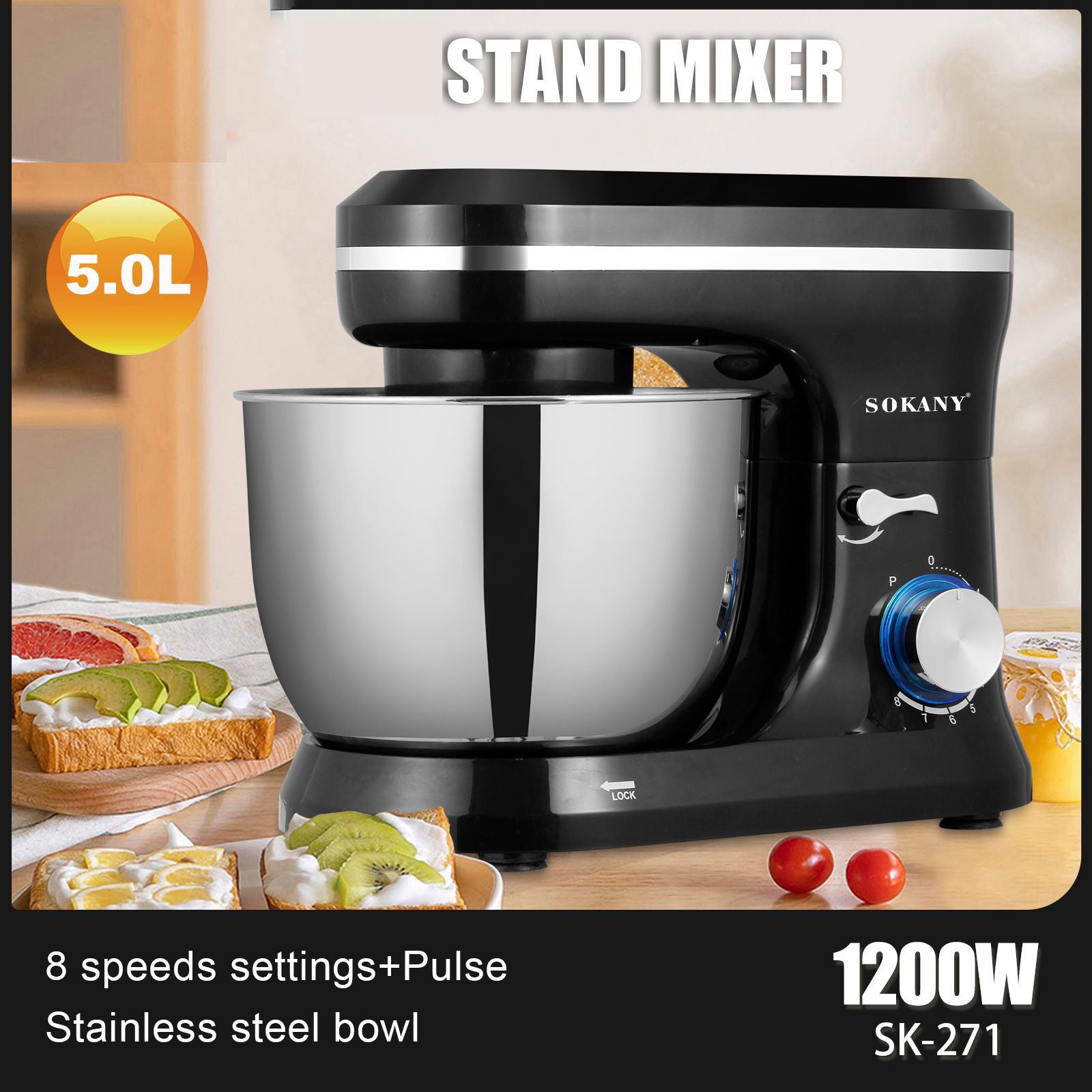“3-speed electric egg beater with desktop design”.Stand mixer with stainless steel bowl on a kitchen counter, featuring SOKANY branding.